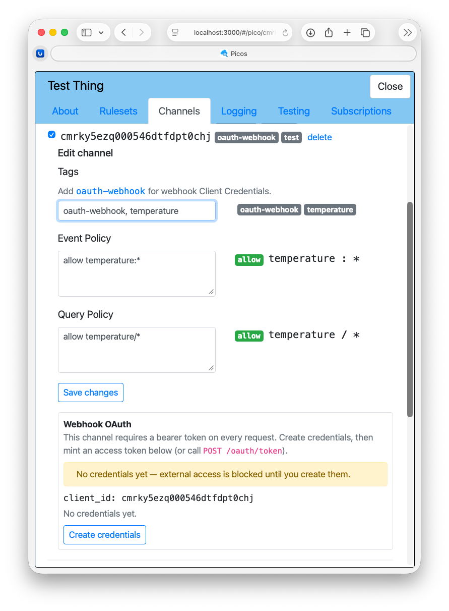 Client Credentials UI for a Channel Client Credentials UI for a Channel